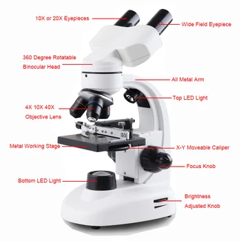 40X~1600X Optinis Apšviesta Žiūronai Biologinis Mikroskopas 360° Pasukti Galvą Studentų Eksperimentą Namų Mokykla Microscopio