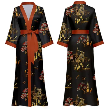 Nauja Pavasario Vasaros Moterų Ilgas Chalatas Chalatas Kimono Suknelė Sexy Black Print Sleepwear Pižamą Atsitiktinis Pusė Rankovės Satino Namų Suknelė