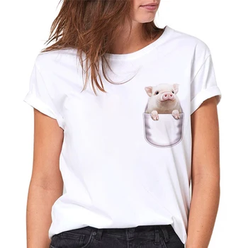 2020 Naujas Vasaros moteriškų marškinėlių Kišenėje Kiaulių Spausdinti Marškinėlius Harajuku Marškinėlius Viršūnes Moterų Marškinėliai Drabužių Mados Hipster Tees