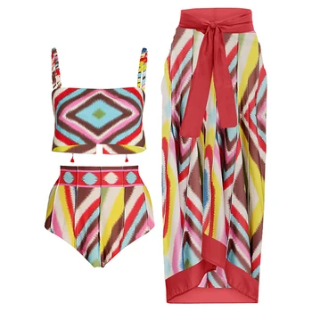Mados Colorblock Spausdinti Bikini Moterims Dviejų dalių maudymosi kostiumėlį ir Sijonas Atskirai Top Aukštos Juosmens Vasaros maudymosi Kostiumėliai, Paplūdimio Apranga Push Up