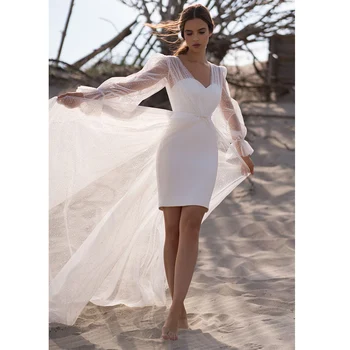 Trumpa Vestuvinė Suknelė Off Peties Baltas Mini Vestuvių Suknelė iki 2022 m. Backless Brangioji Paplūdimio Vestuvių Suknelė Sluoksniuotos Rankovėmis Striukė 3 in 1