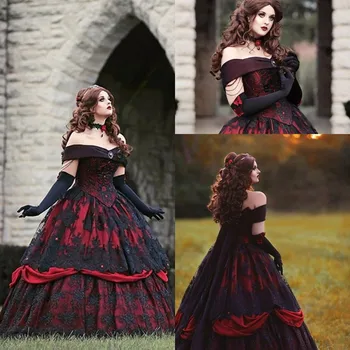 Gotikos Belle Raudona Juoda Nėrinių Vestuvių Suknelė Vintage Nėriniai-up Korsetas Stebėjimo Skirtingų Grožio Off Peties Plius Dydis Vestuvių Suknelė