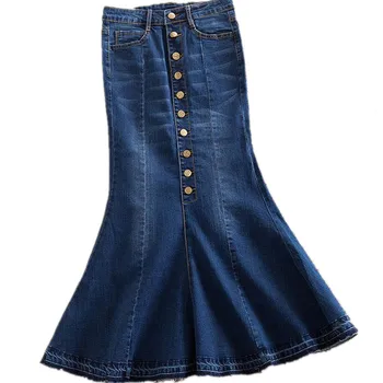 moterų džinsai, sijonai, Aukštas liemuo ilgas džinsinis sijonas mados ponios trimitas undinė