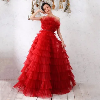 Elegantiškas vakarinę Suknelę Vamzdžio Viršaus Domino Rankovių Raudonos Suknelės Gala Juostinės Tiulio Grindų Ilgis Šalies Prom Chalatai فساتين السهرة